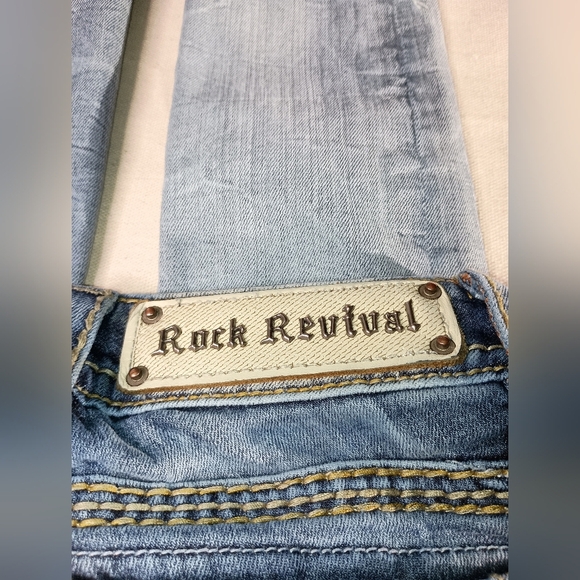Rock Revival Distressed Thrash Grunge Blue Designer Jeans (#259) - Picture 9 of 11